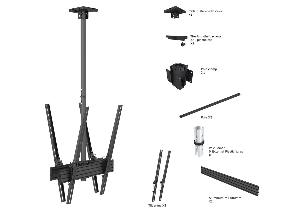 Multibrackets 40" - 75" MBC1UX2PHD 1.5m Pole Display Ceiling Mount Pro For 2 Screens Ceiling Mount Bracket Multibrackets