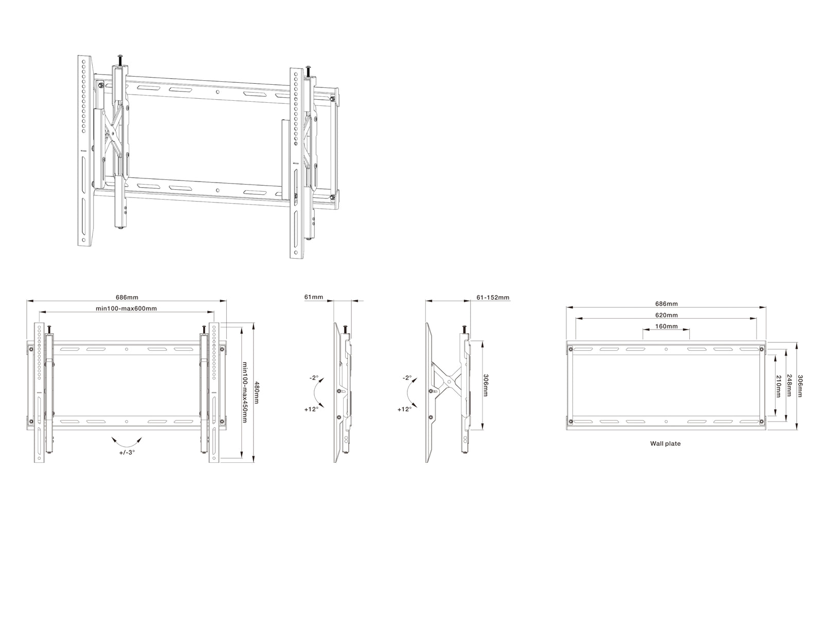 Multibrackets M Universal Push Out Tilt 600 TV Wall Mount - 43" to 86" Screen Wall Mount Bracket Multibrackets