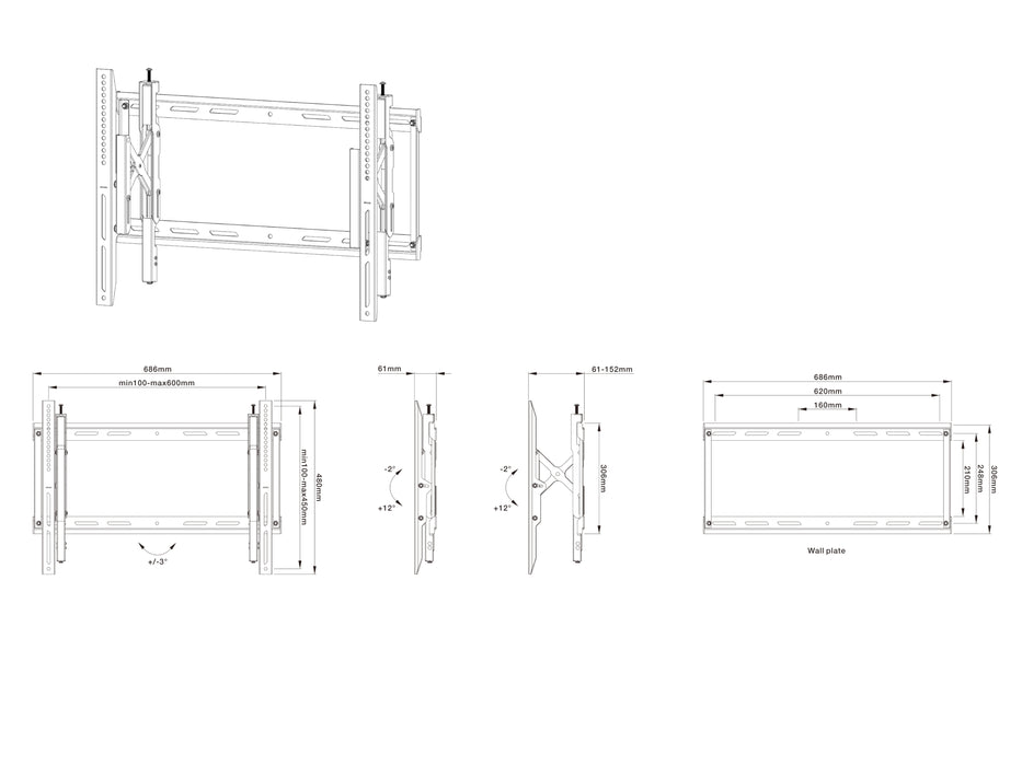 Multibrackets M Universal Push Out Tilt 600 TV Wall Mount - 43" to 86" Screen