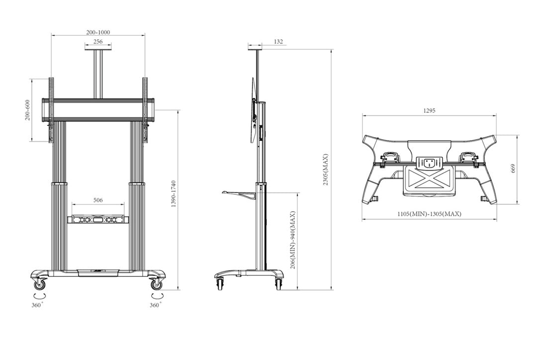 Multibrackets 60" - 100" Height Adjustable Mobile Trolley With Media Shelf & Camera Holder Mobile Trolley Multibrackets