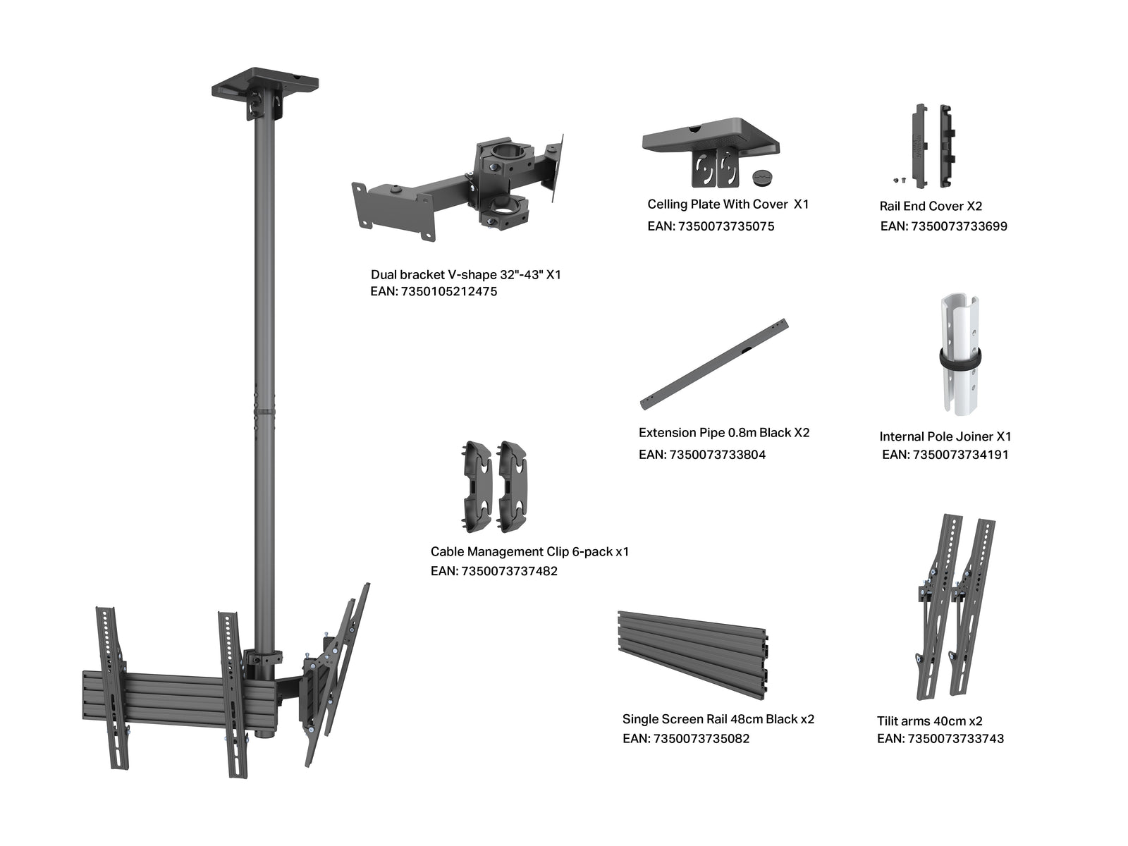Multibrackets MBC2UPV M Pro 1.5m 2-Screen Ceiling Mount For 43"-50" Screens | 7350105216343 Ceiling Mount Bracket Multibrackets