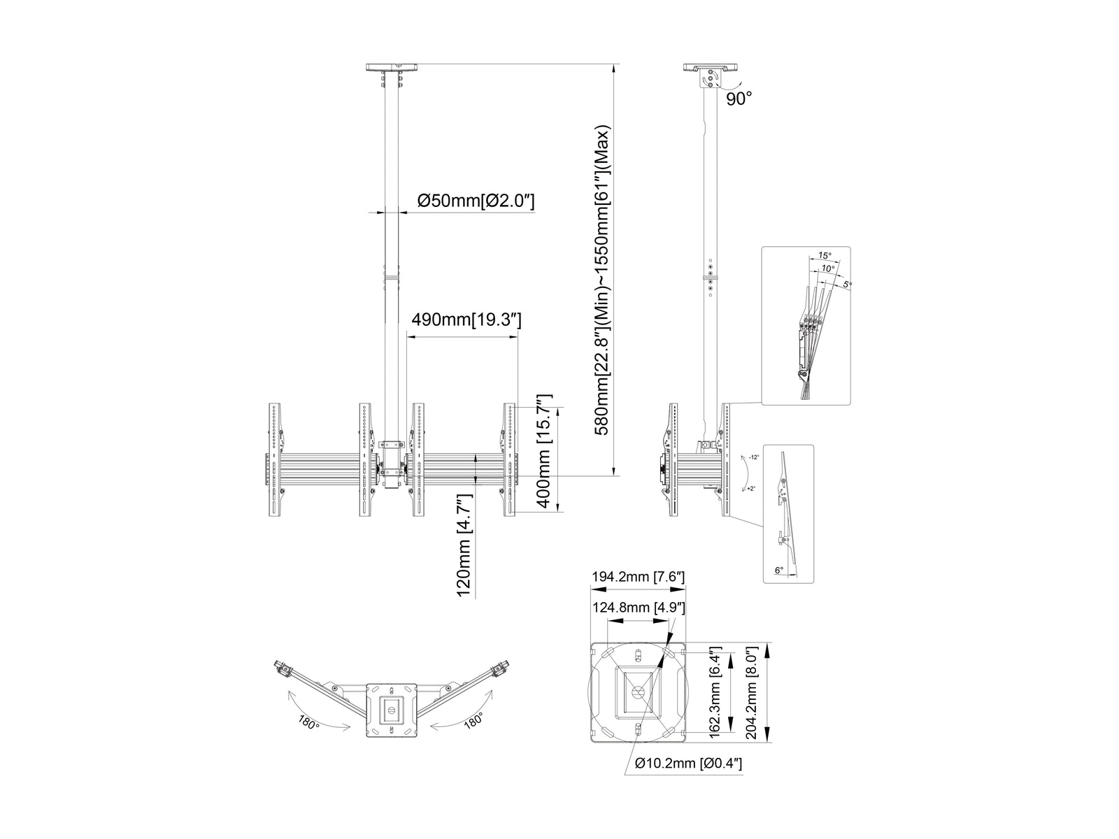 Multibrackets MBC2UPV M Pro 1.5m 2-Screen Ceiling Mount For 43"-50" Screens | 7350105216343 Ceiling Mount Bracket Multibrackets