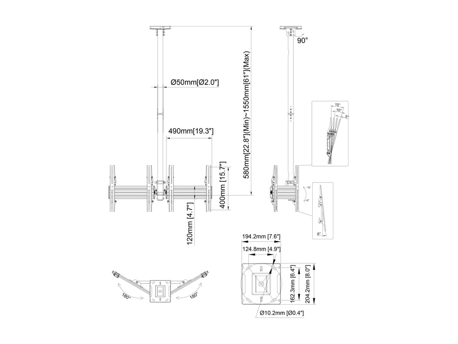 Multibrackets MBC2UPV M Pro 1.5m 2-Screen Ceiling Mount For 43"-50" Screens | 7350105216343