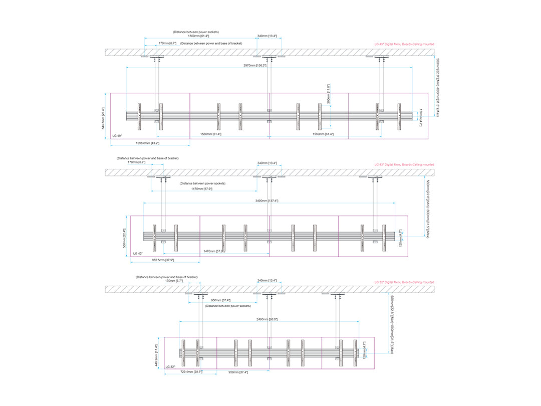 Multibrackets 0.8m Fixed 32"-50" Pro Series Menu Board Ceiling Mount For 4 Screens Ceiling Mount Bracket Multibrackets
