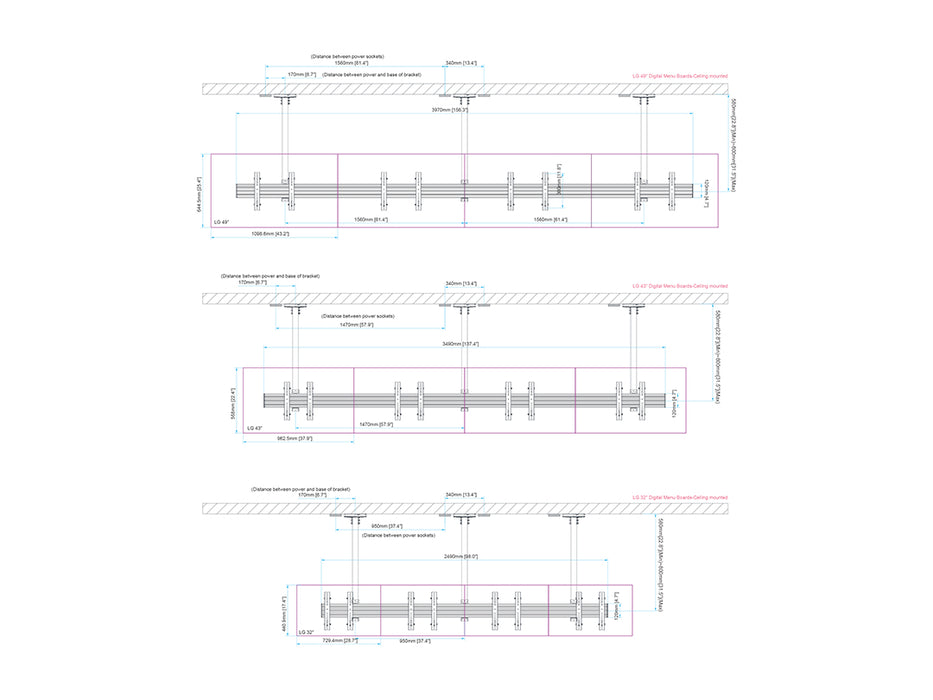 Multibrackets 0.8m Tilt 32"-50" Pro Series Menu Board Ceiling Mount For 4 Screens Menu Board Mounting Systems Multibrackets