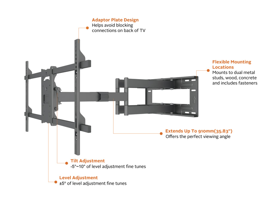 Multibrackets M Universal Long Reach Dual Arm TV Wall Mount - 50" to 80" Screen Wall Mount Bracket Multibrackets