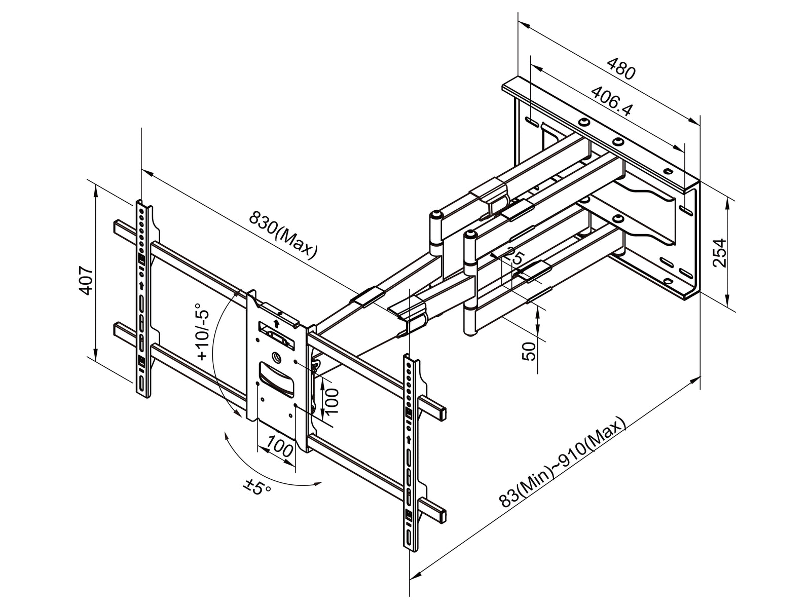 Multibrackets M Universal Long Reach Dual Arm TV Wall Mount - 50" to 80" Screen Wall Mount Bracket Multibrackets