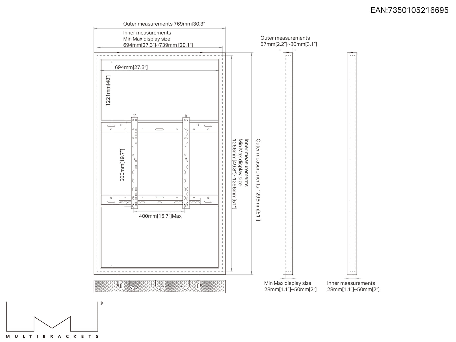 Multibrackets M Pro Series Enclosure 55" Wall Slim Medium Black Signage Display Enclosures Multibrackets