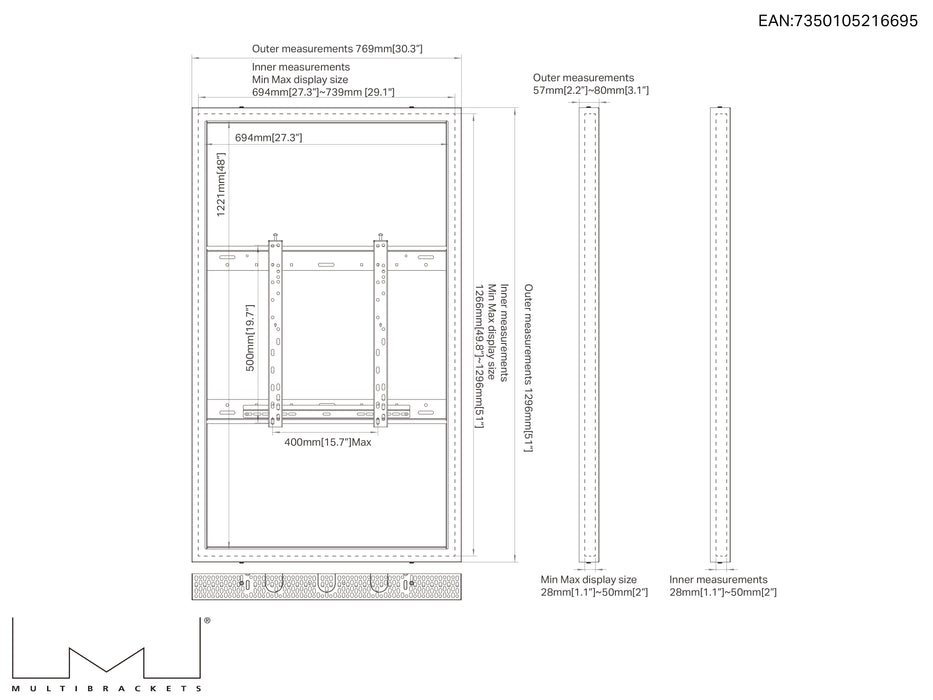 Multibrackets M Pro Series Enclosure 55" Wall Slim Medium Black Signage Display Enclosures Multibrackets