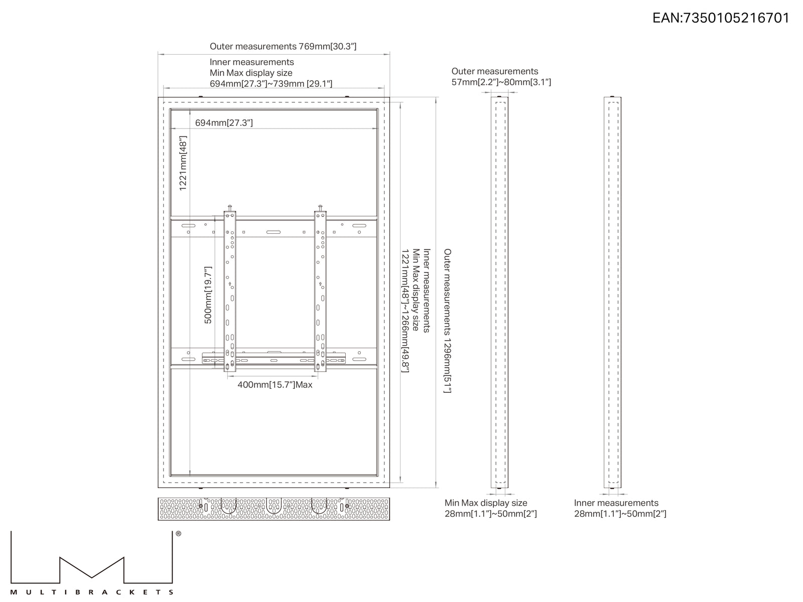 Multibrackets M Pro Series Enclosure 55" Wall Slim Medium White Signage Display Enclosures Multibrackets