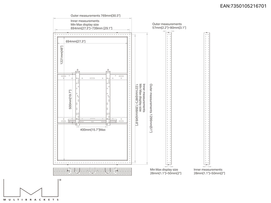 Multibrackets M Pro Series Enclosure 55" Wall Slim Medium White Signage Display Enclosures Multibrackets