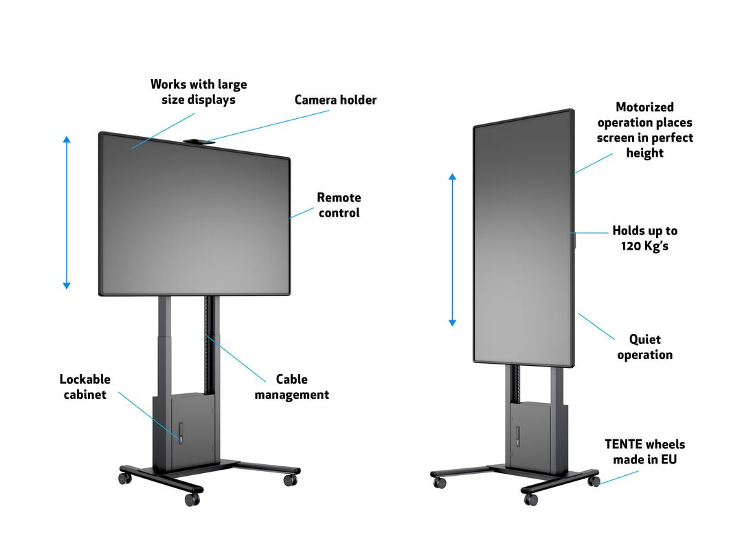 Multibrackets MB6775 Electric Height-Adjustable Display Trolley with Cam Shelf and Cabinet - Up to 42"-100" Screen Motorised Trolley Multibrackets