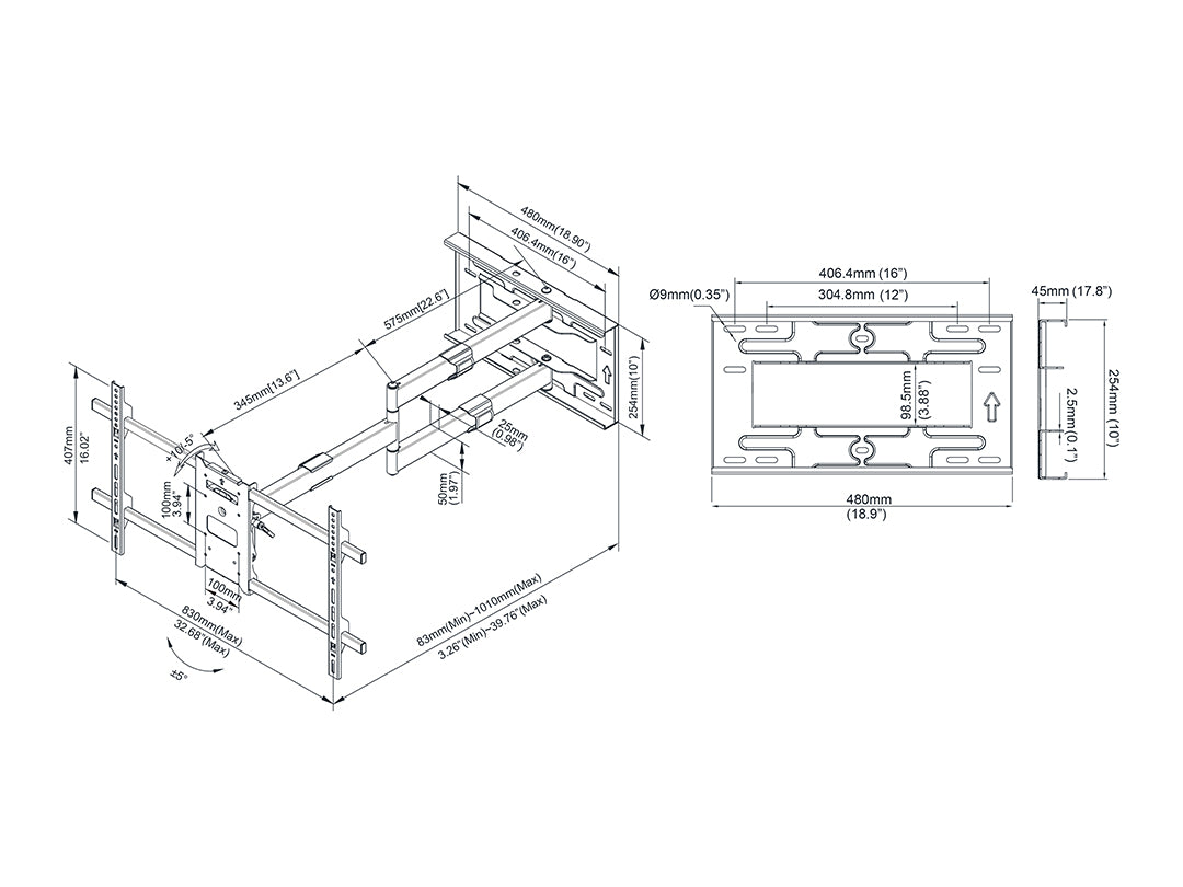 Multibrackets 42" - 75" M Universal Long Reach Single Arm Mount | 7350073736874 Wall Mount Bracket Multibrackets