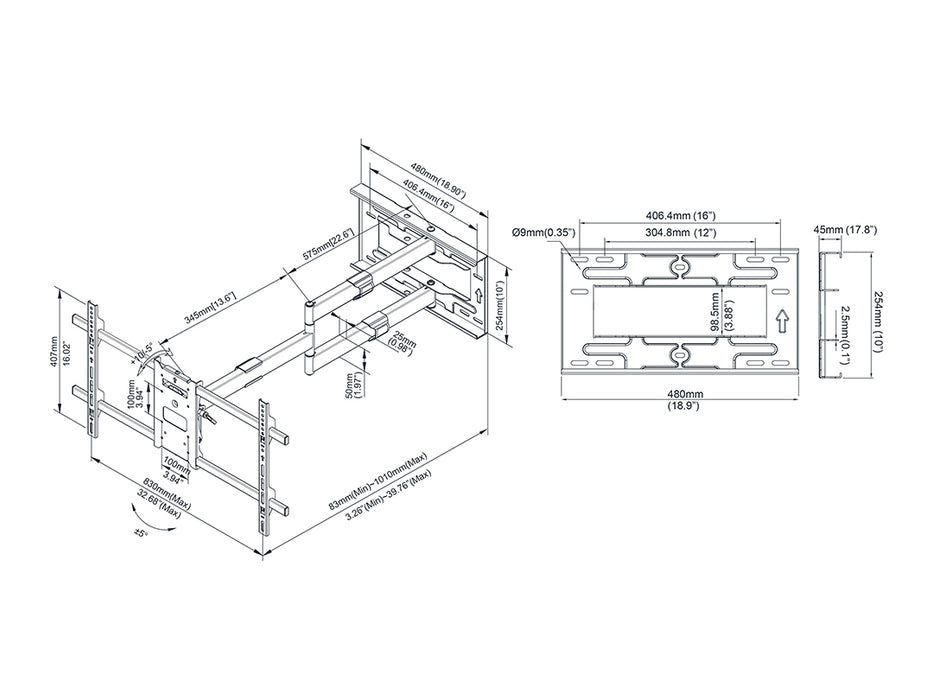 Multibrackets 42" - 75" M Universal Long Reach Single Arm Mount | 7350073736874