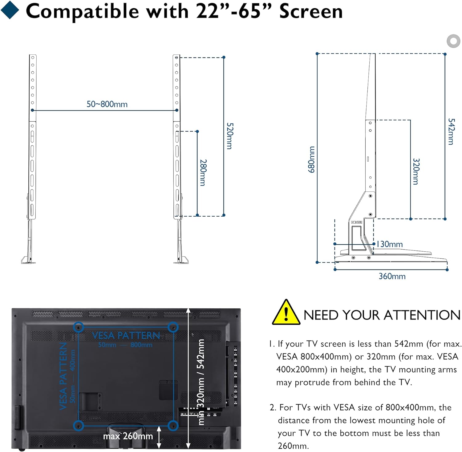 BT Universal Table Top TV Stand for 22–65 Inch Screens Table Stand ScreenMoove