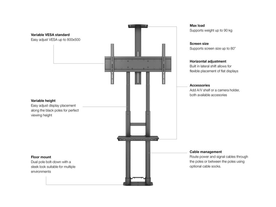 Multibrackets M Public Floormount Basic 180 Incl Shelf & Cameraholder | For 55" - 80" Screens