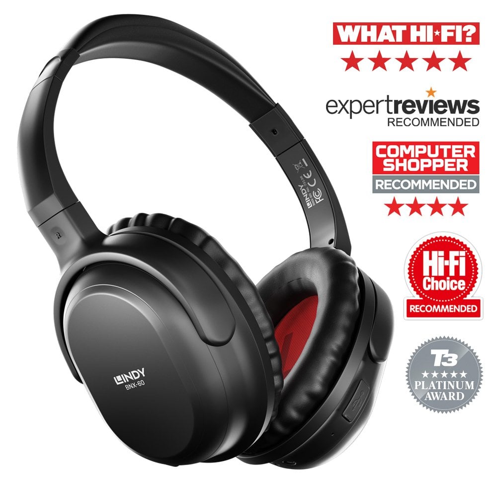 Lindy BNX-60 Wireless Active Noise Cancelling Headphones - Matt Black Headset Lindy