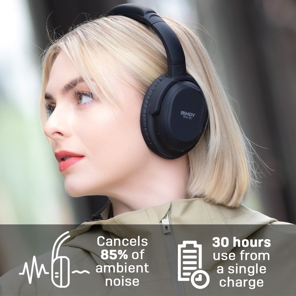 Lindy BNX-60 Wireless Active Noise Cancelling Headphones - Matt Black Headset Lindy