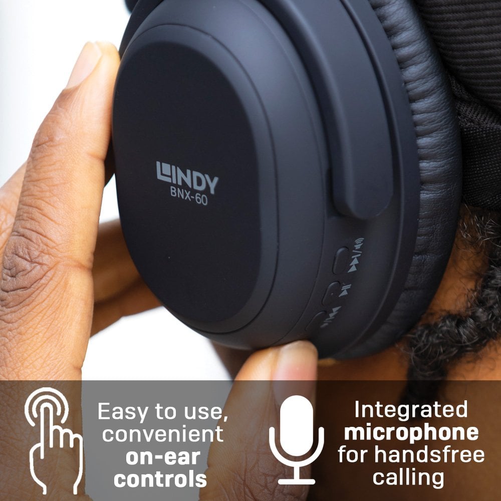 Lindy BNX-60 Wireless Active Noise Cancelling Headphones - Matt Black Headset Lindy