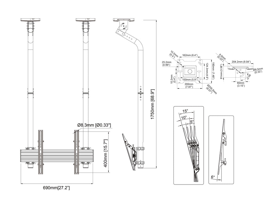 Multibrackets MBC1USDGC M Pro 1.5m Ceiling Mount For 40"-100" Displays | 7340234811922 Ceiling Mount Bracket Multibrackets