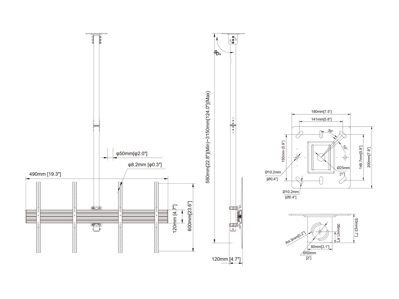 Multibrackets MBC2X1UP M Pro 1.5m 2-Screen Ceiling Mount For 40"-65" Screens | 7340234813971 Ceiling Mount Bracket Multibrackets