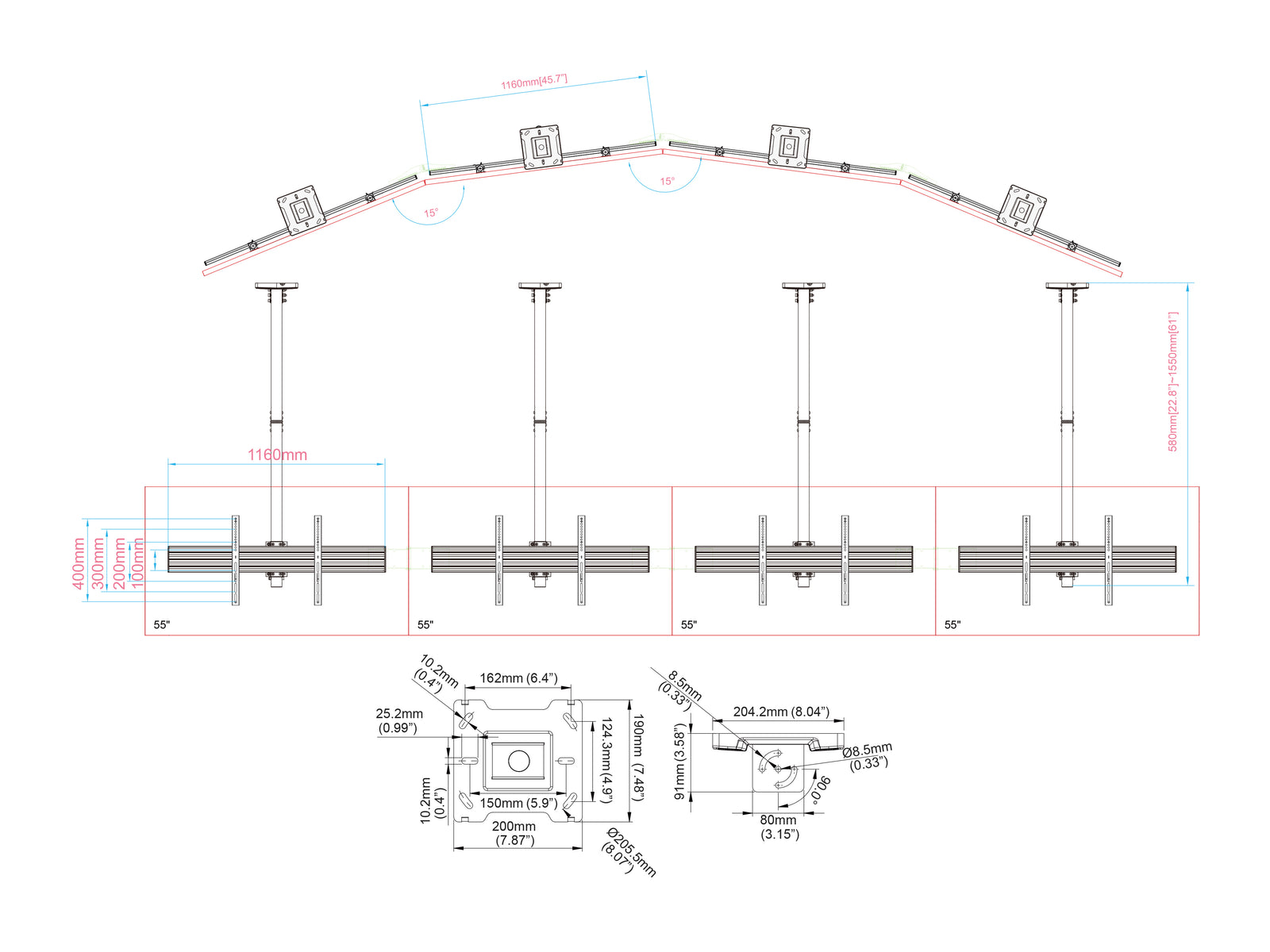 Multibrackets MBC4X1U M Pro 1.5m 4-Screen Curved Ceiling Mount For 40"-65" Screens | 7340234814282 Ceiling Mount Bracket Multibrackets