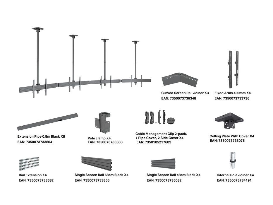 Multibrackets MBC4X1U M Pro 1.5m 4-Screen Curved Ceiling Mount For 40"-65" Screens | 7340234814282