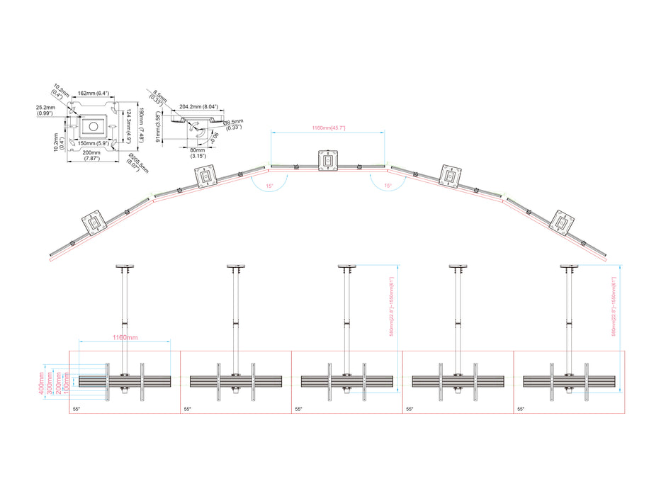 Multibrackets MBC5X1U M Pro 1.5m 5-Screen Curved Ceiling Mount For 40"-65" Screens | 7340234814299