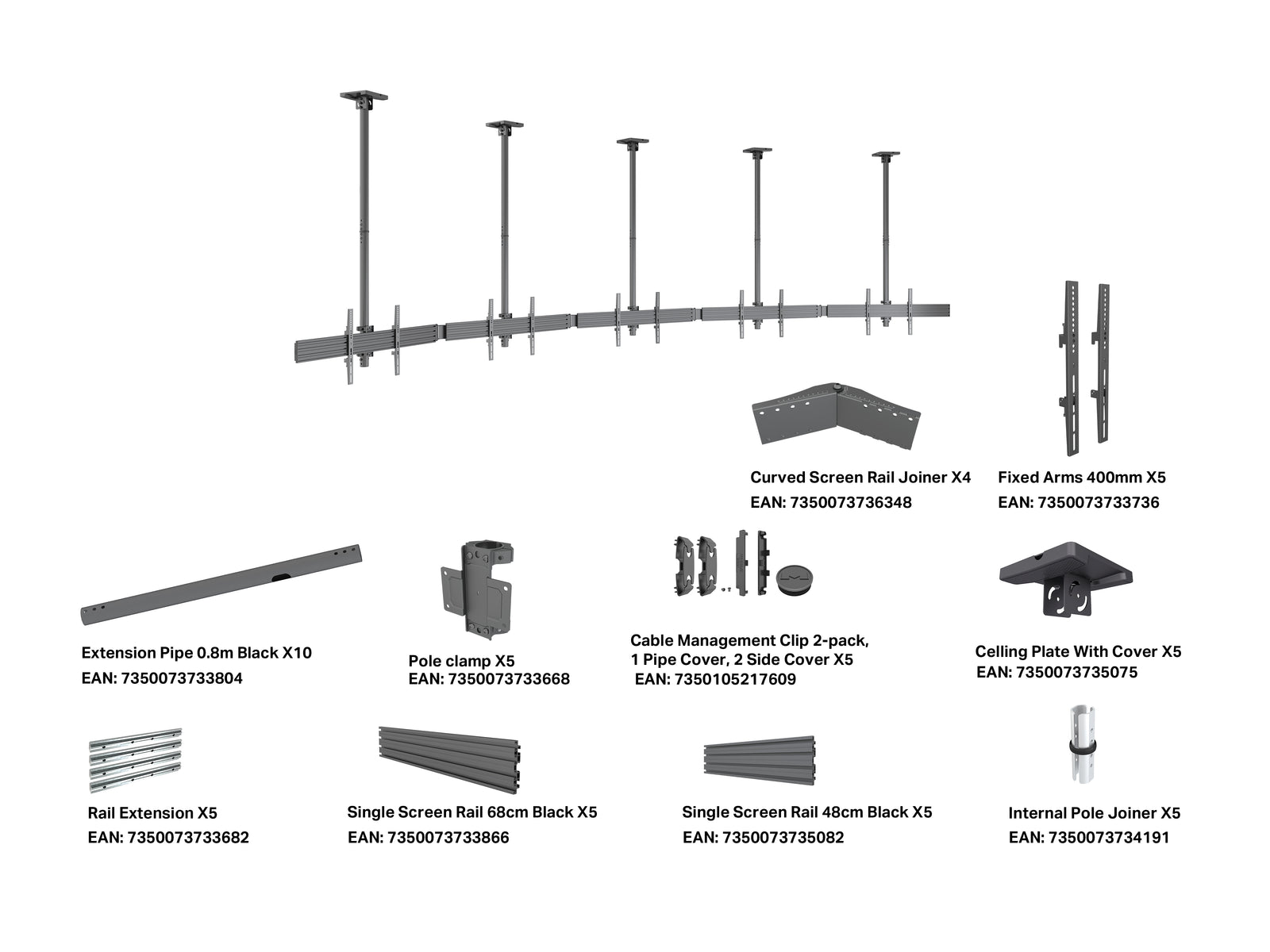 Multibrackets MBC5X1U M Pro 1.5m 5-Screen Curved Ceiling Mount For 40"-65" Screens | 7340234814299 Ceiling Mount Bracket Multibrackets