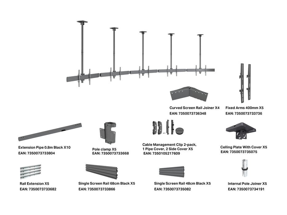 Multibrackets MBC5X1U M Pro 1.5m 5-Screen Curved Ceiling Mount For 40"-65" Screens | 7340234814299