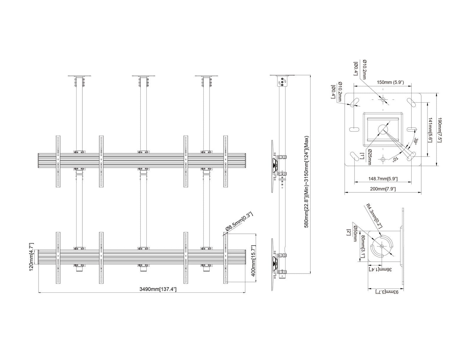 Multibrackets MBC2X2U M Pro 3m 4-Screen Ceiling Mount For 75"-100" Screens | 7350022733923 Ceiling Mount Bracket Multibrackets