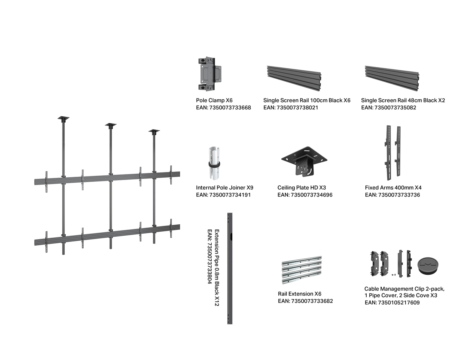 Multibrackets MBC2X2U M Pro 3m 4-Screen Ceiling Mount For 75"-100" Screens | 7350022733923 Ceiling Mount Bracket Multibrackets