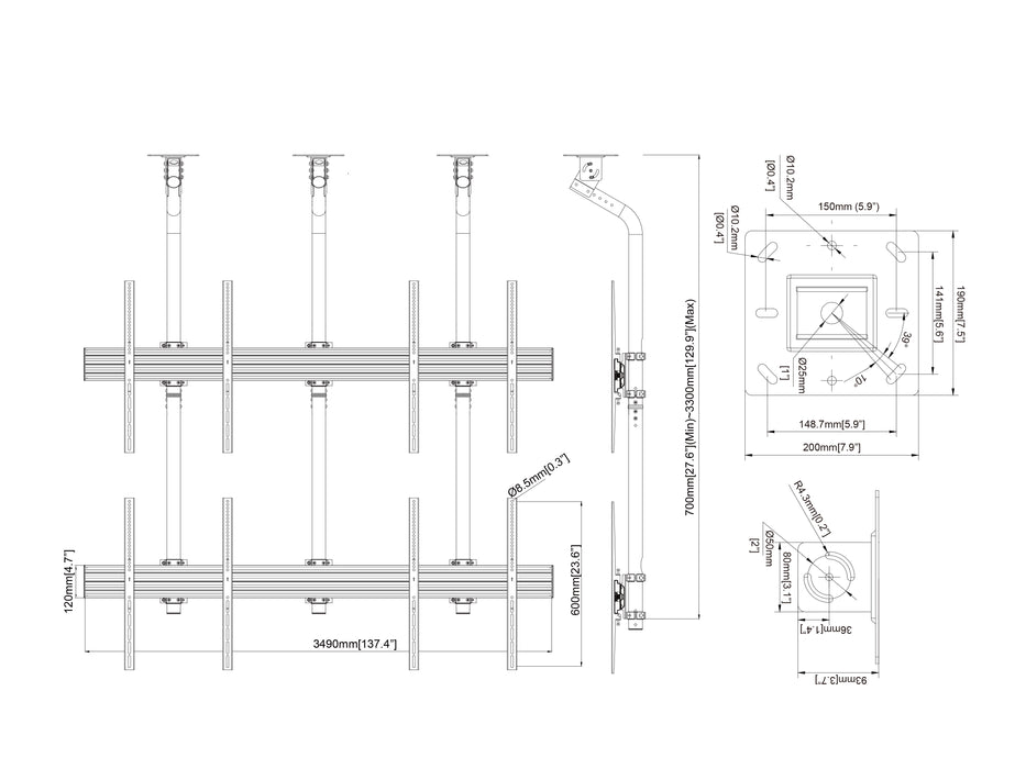 Multibrackets MBC2X2UGC M Pro 3m 4-Screen Ceiling Mount For 75"-100" Screens | 7350022733930