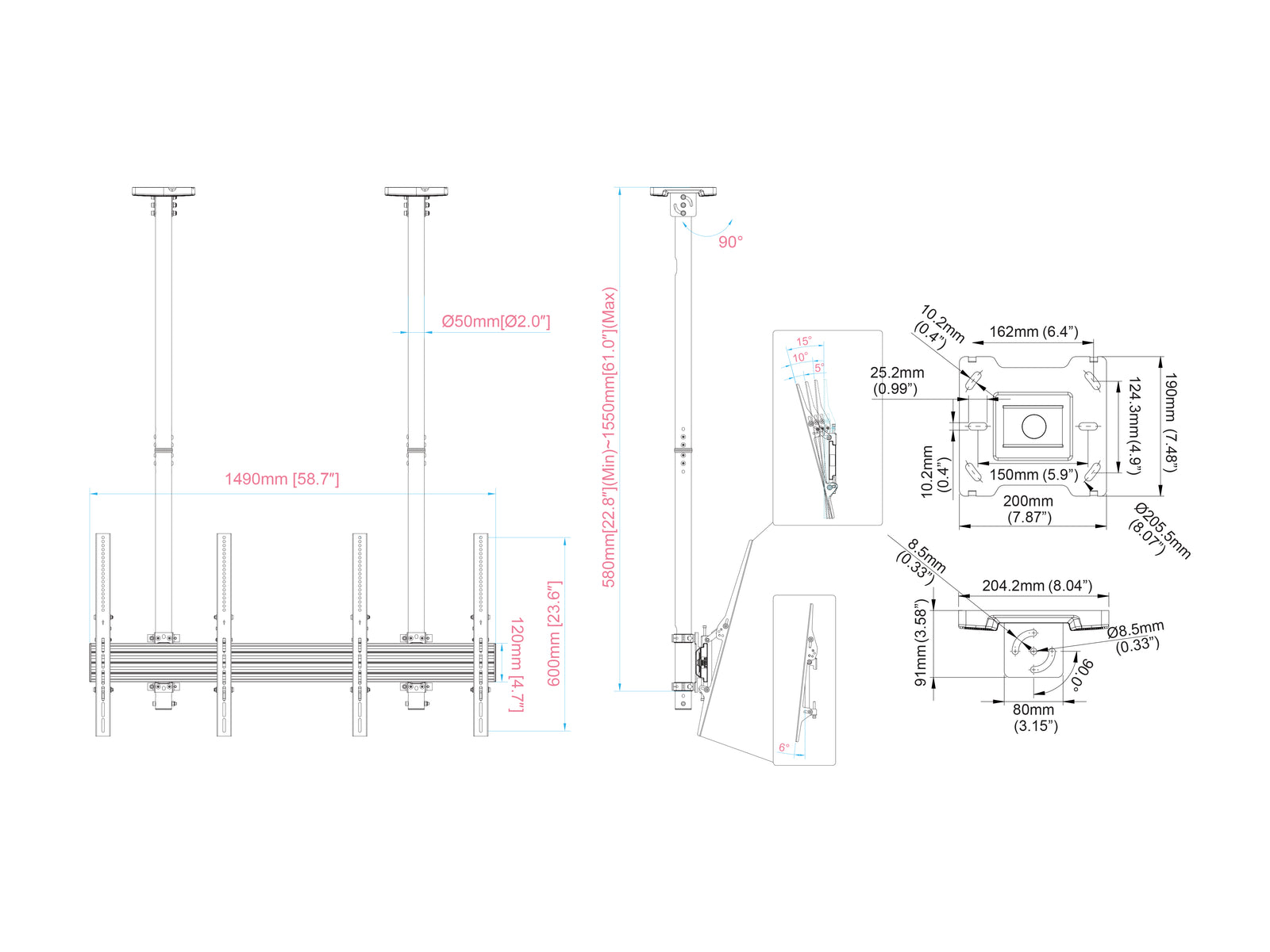 Multibrackets MBC2UPHD M Ceiling 1.5m 2-Screen Ceiling Mount For 50"-75" Screens | 7350022738102 Ceiling Mount Bracket Multibrackets