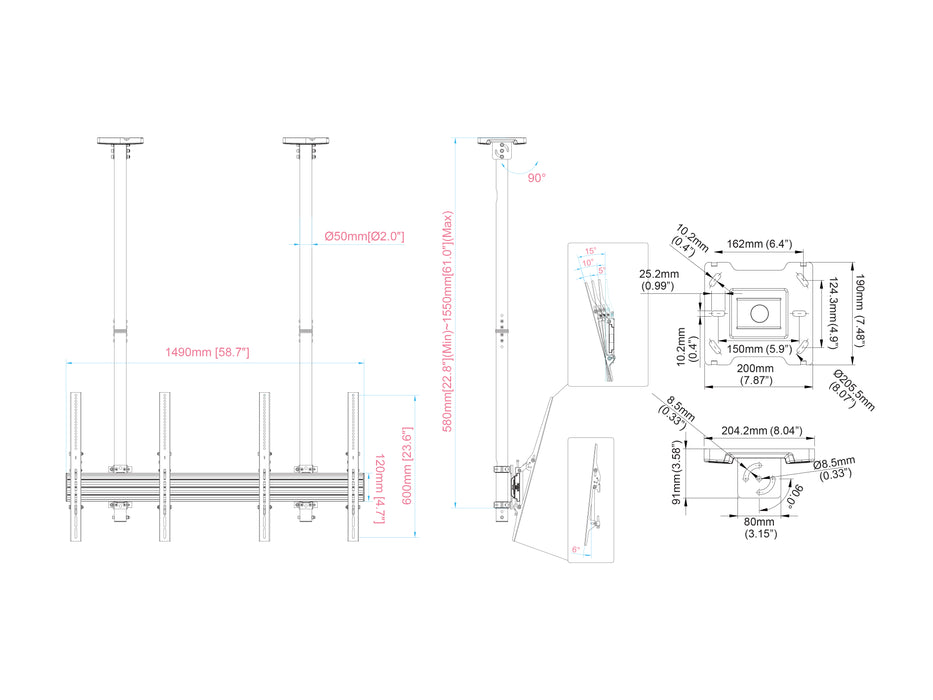 Multibrackets MBC2UPHD M Ceiling 1.5m 2-Screen Ceiling Mount For 50"-75" Screens | 7350022738102