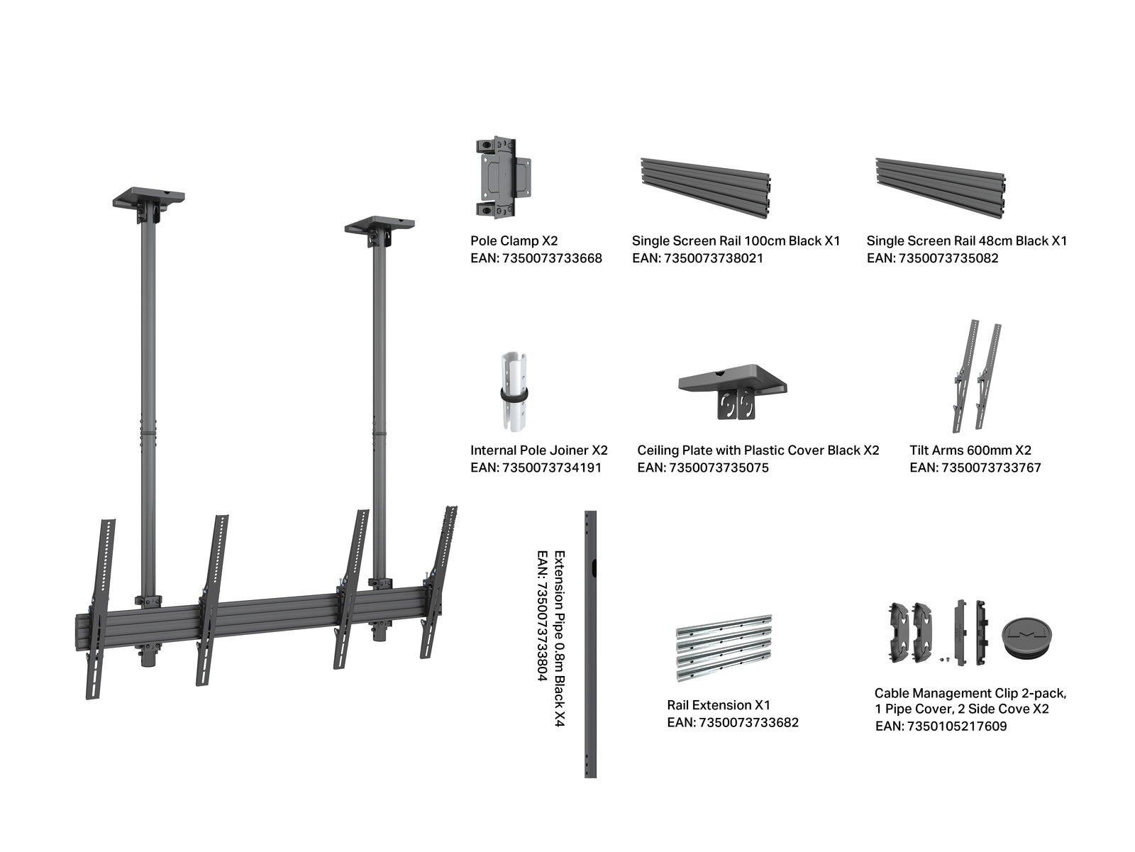 Multibrackets MBC2UPHD M Ceiling 1.5m 2-Screen Ceiling Mount For 50"-75" Screens | 7350022738102 Ceiling Mount Bracket Multibrackets