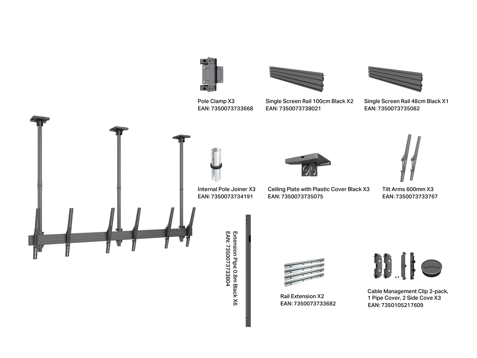 Multibrackets MBC3UPHD M Pro 1.5m 3-Screen Ceiling Mount For 50"-75" Screens | 7350022738119 Ceiling Mount Bracket Multibrackets