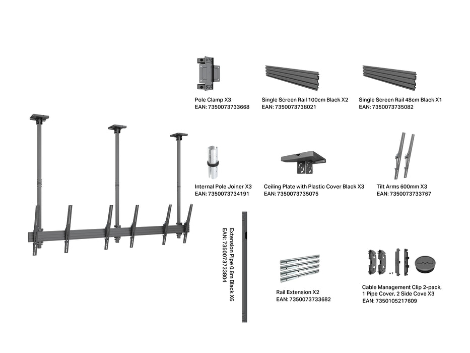 Multibrackets MBC3UPHD M Pro 1.5m 3-Screen Ceiling Mount For 50"-75" Screens | 7350022738119