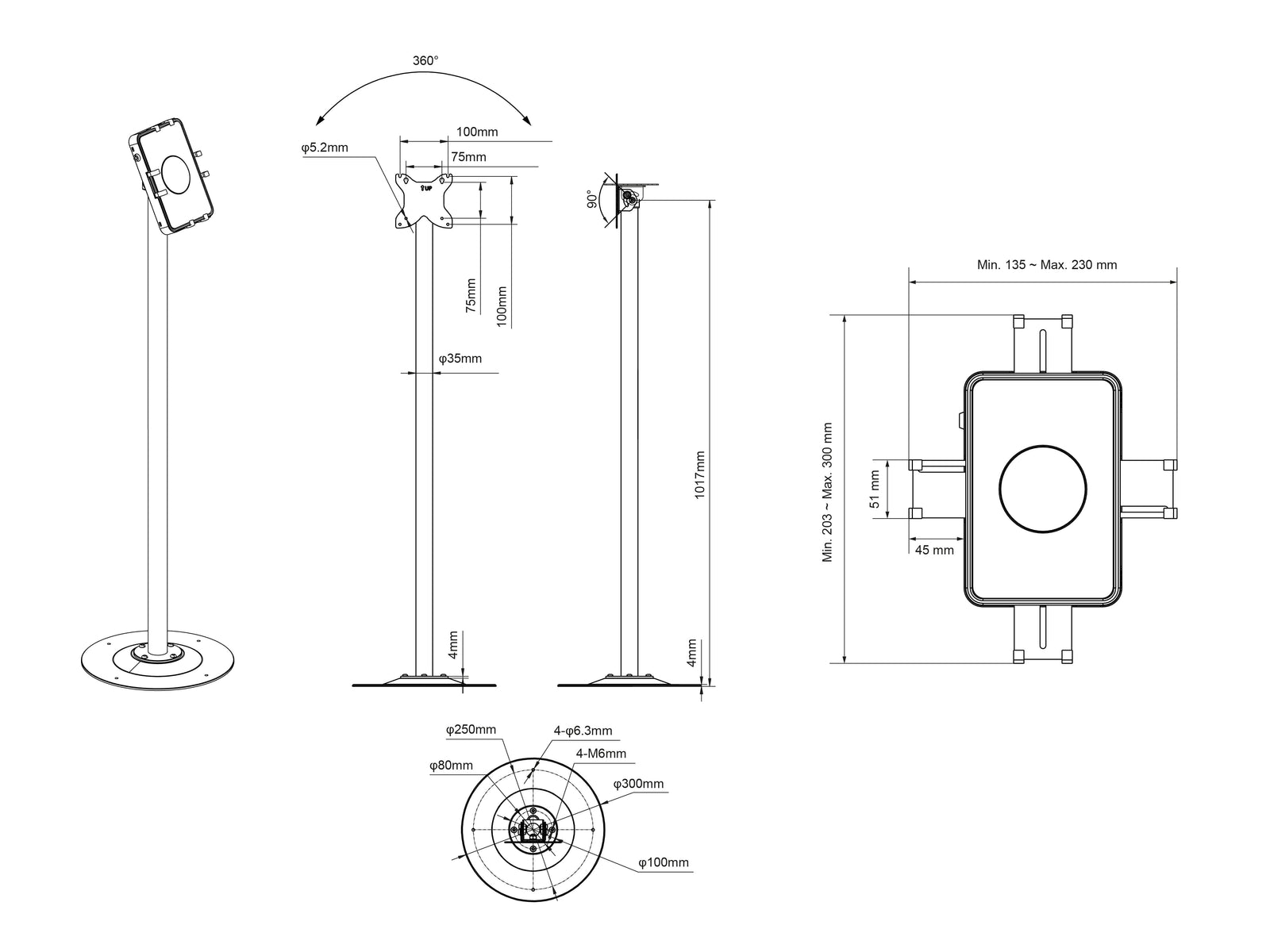 Multibrackets M Pro 1m Single Pole Floorbase For 7"-30" Tablets | 7350022738386 Floor Stand Multibrackets