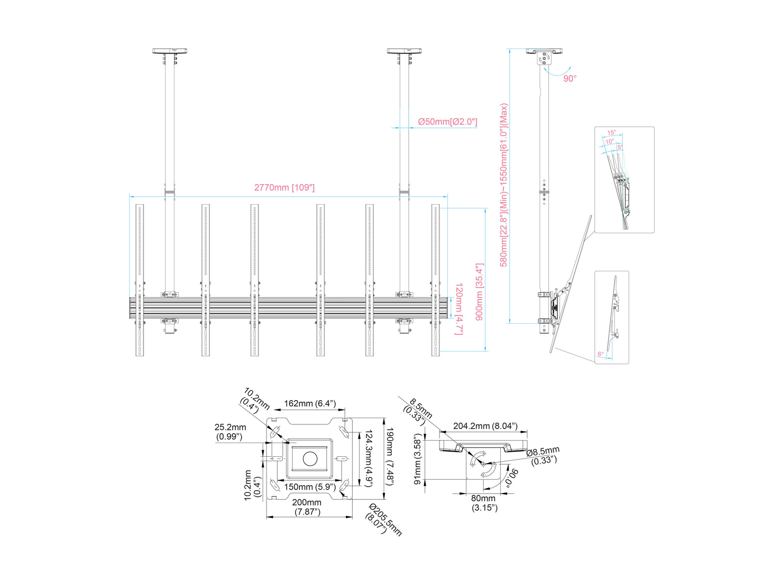 Multibrackets MBC3UPSD M Pro 3m 3-Screen Ceiling Mount For 65"-75" Screens | 7350022738911 Ceiling Mount Bracket Multibrackets