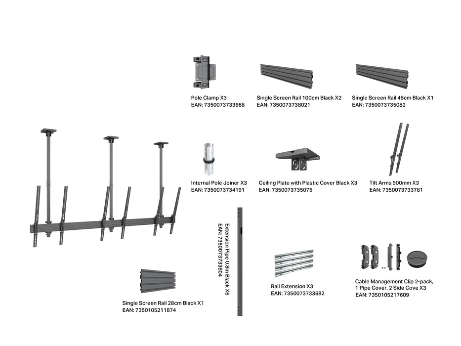 Multibrackets MBC3UPSD M Pro 3m 3-Screen Ceiling Mount For 65"-75" Screens | 7350022738911