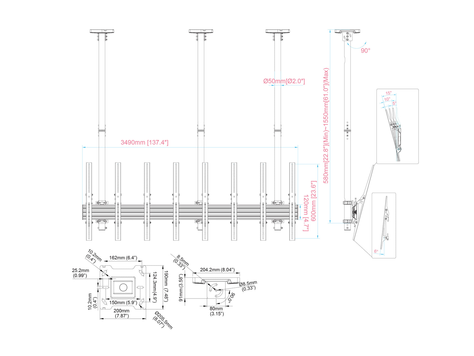 Multibrackets MBC4UPHD M Pro 1.5m 4-Screen Ceiling Mount For 50"-75" Screens | 7350022738928 Ceiling Mount Bracket Multibrackets