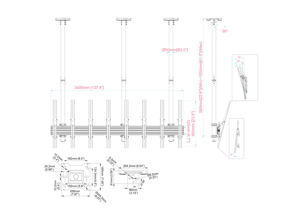 Multibrackets MBC4UPHD M Pro 1.5m 4-Screen Ceiling Mount For 50"-75" Screens | 7350022738928
