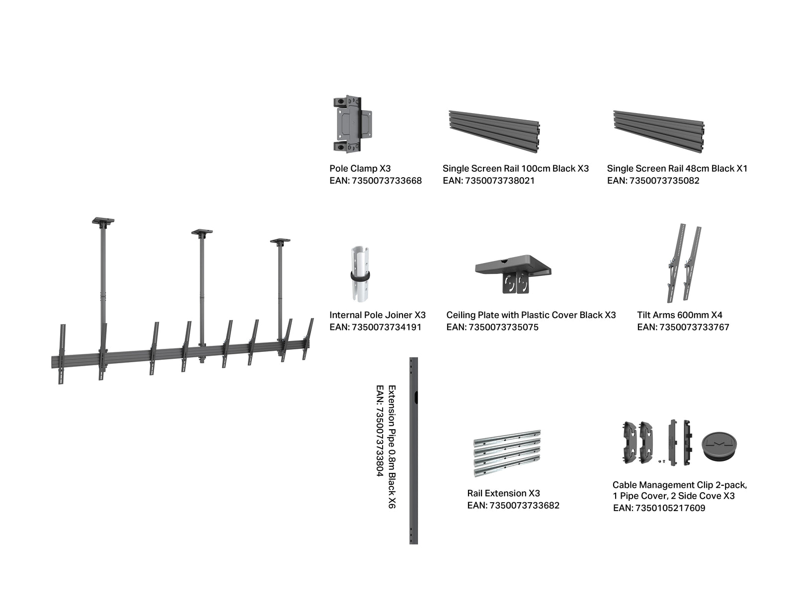 Multibrackets MBC4UPHD M Pro 1.5m 4-Screen Ceiling Mount For 50"-75" Screens | 7350022738928 Ceiling Mount Bracket Multibrackets