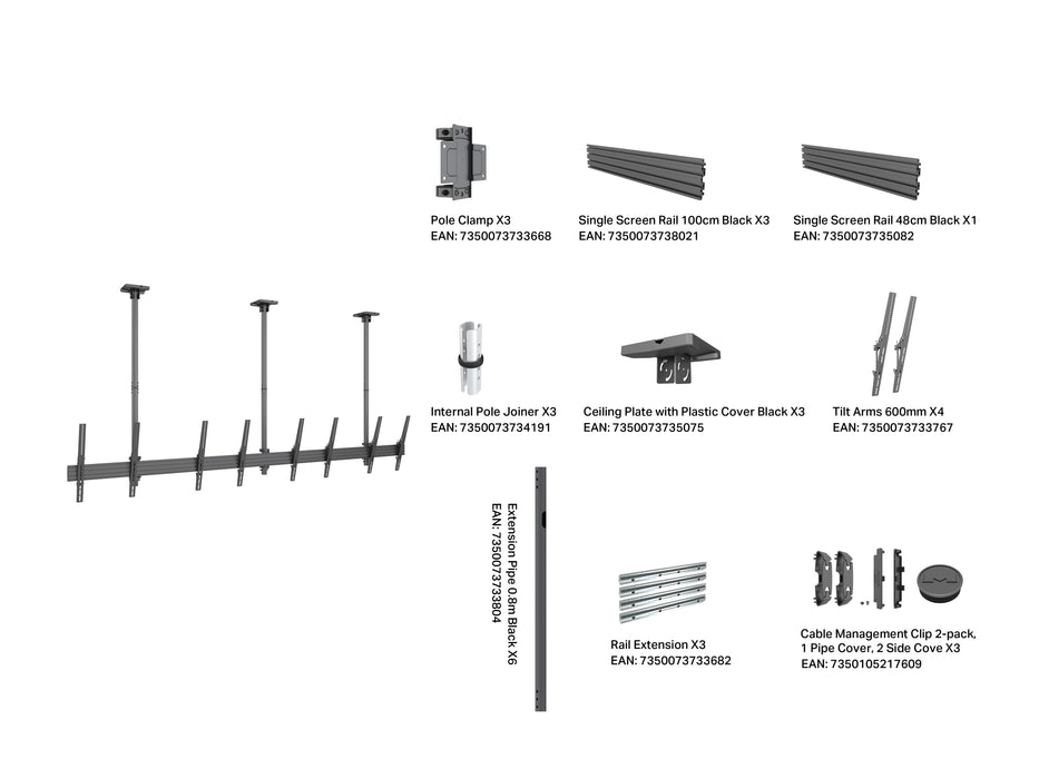 Multibrackets MBC4UPHD M Pro 1.5m 4-Screen Ceiling Mount For 50"-75" Screens | 7350022738928