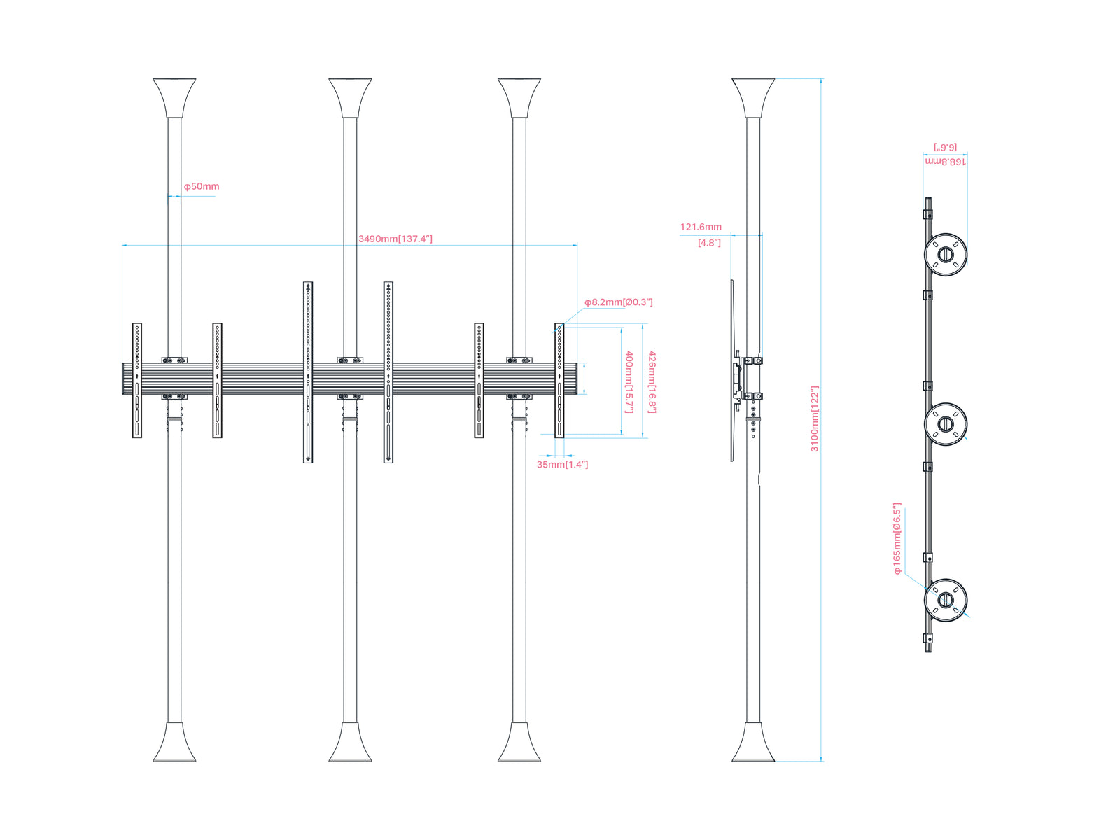 Multibrackets MBFC3UX1-L M Pro 3m 6-Screen Floor to Ceiling Mount For 55"-98" Screens | 7350073731442