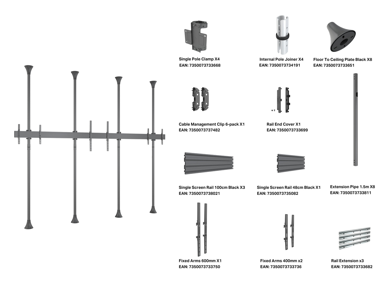 Multibrackets MBFC3UX1-L M Pro 3m 6-Screen Floor to Ceiling Mount For 55"-98" Screens | 7350073731442