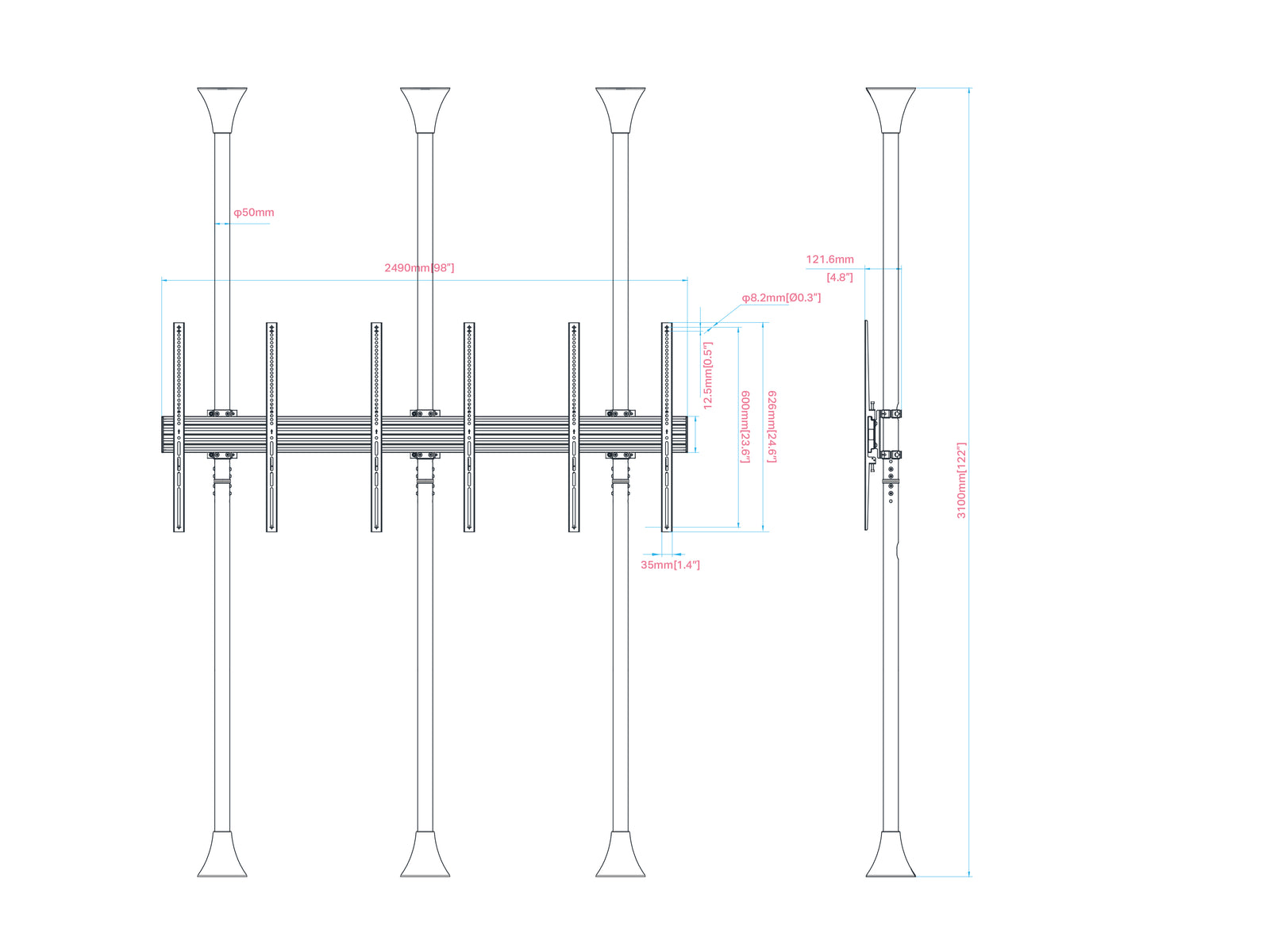 Multibrackets MBFC3UX1-XL M Pro 3m 6-Screen Floor to Ceiling Mount For 65"-75" Screens | 7350073731459