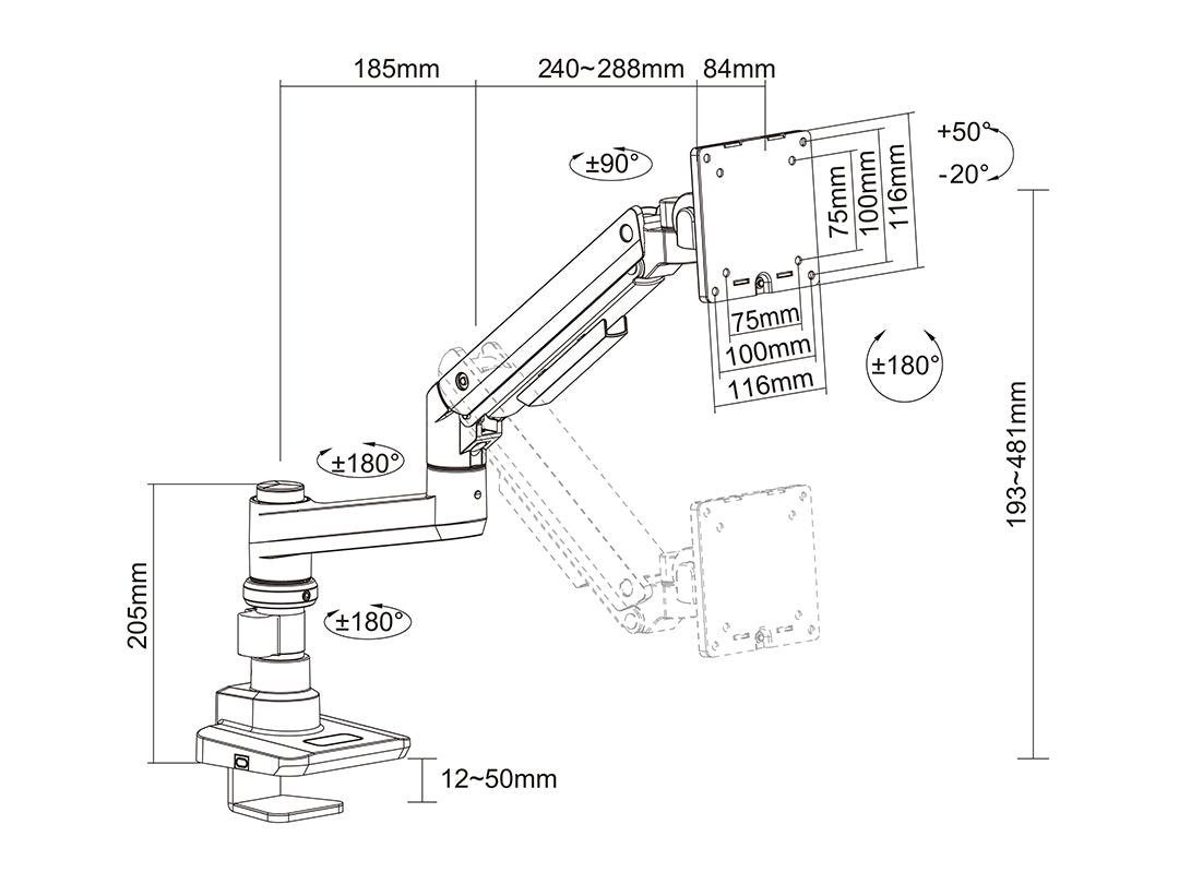Multibrackets M Deskmount Gas Spring Single Silver | 7350073733255 Monitor Arm Desk Mount Multibrackets