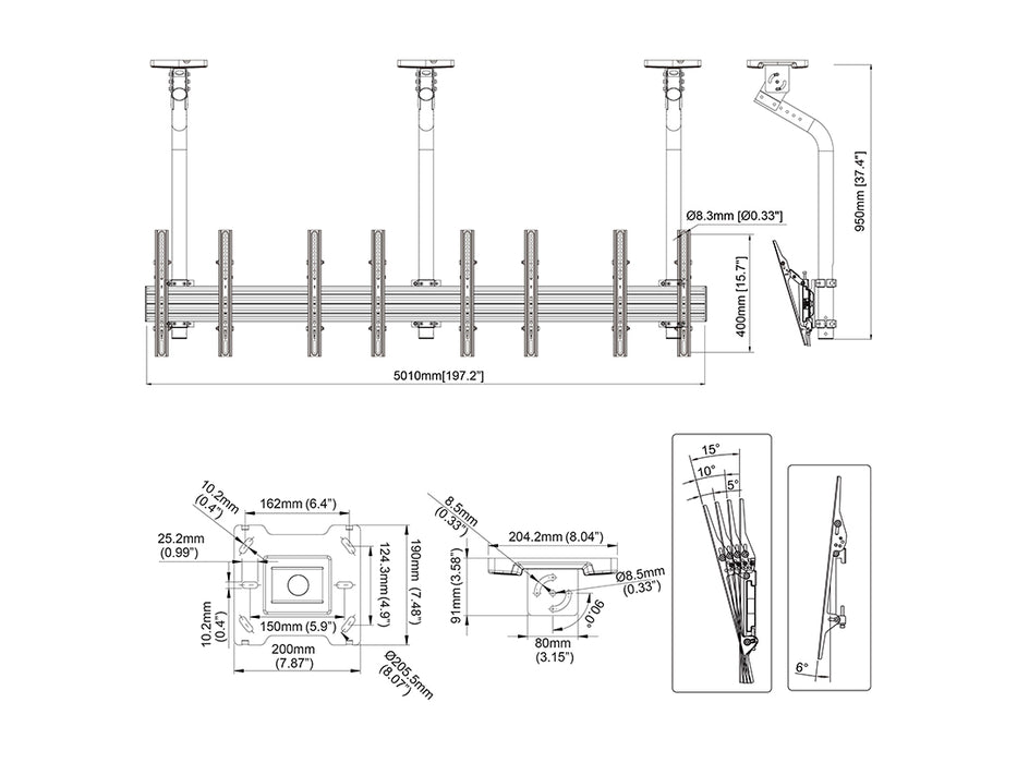 Multibrackets 0.8m Fixed 40"-65" Pro Series Menu Board Ceiling Mount For 4 Screens Menu Board Mounting Systems Multibrackets